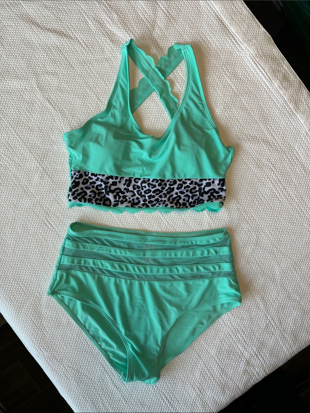 Mint Green Leopard Scallop Bikini Set High Waist Size M
